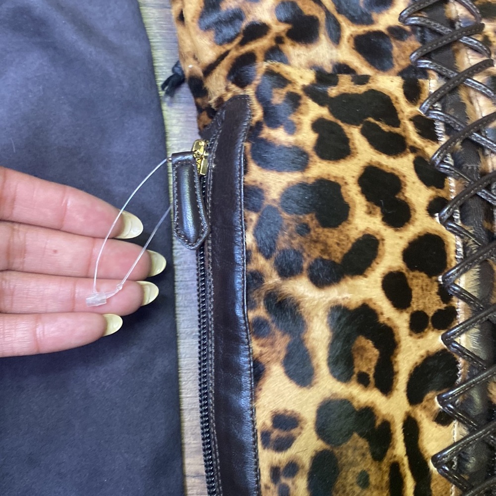 Brian Atwood Belle Cheetah Leapoard Leather CalfHair LaceUp Thigh Boots NEW 38 - Picture 11 of 11